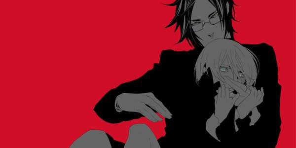 Anime picture 1300x650 with kuroshitsuji a-1 pictures alois trancy claude faustus matsukuro (artist) short hair black hair simple background wide image white hair monochrome red background boy gloves glasses