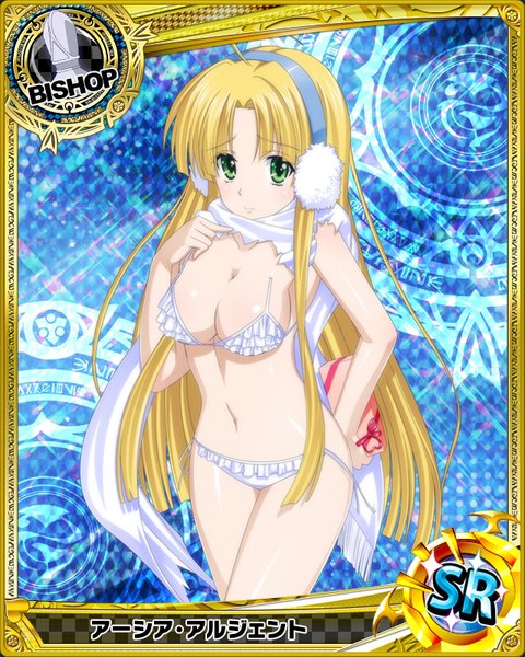 Anime picture 640x800 with highschool dxd asia argento single long hair tall image looking at viewer breasts light erotic blonde hair green eyes torn clothes card (medium) girl navel swimsuit bikini scarf earmuffs