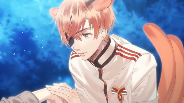 Anime picture 1280x720 with ayakashi gohan honeybee (studio) inushima yomi kazuaki single short hair blonde hair wide image holding green eyes animal ears looking away game cg tail animal tail orange hair night multiple tails boy uniform