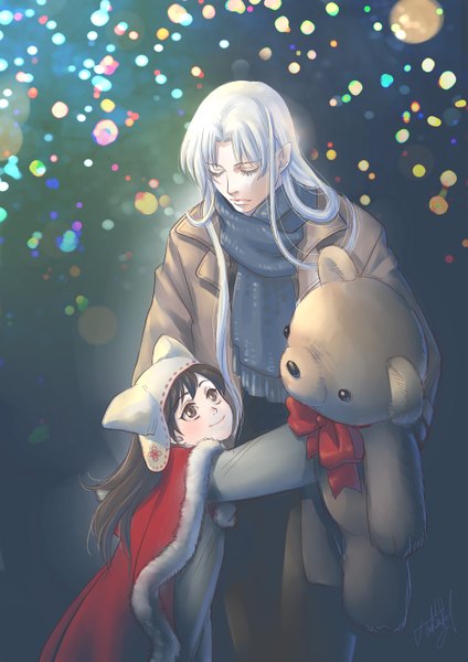 Anime picture 1000x1414 with inuyasha sesshomaru rin (inuyasha) tokiko (psychopomp) long hair tall image simple background smile brown hair standing brown eyes silver hair white hair hug looking down dark background looking up girl boy scarf