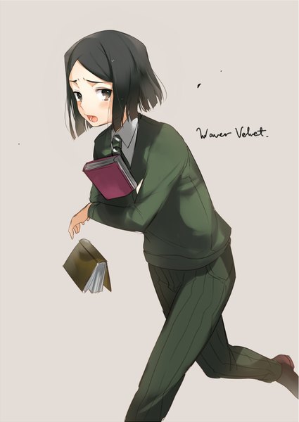 Anime picture 1213x1713 with fate (series) fate/zero type-moon waver velvet kippu single tall image looking at viewer blush short hair open mouth black hair simple background black eyes grey background character names running boy book (books)