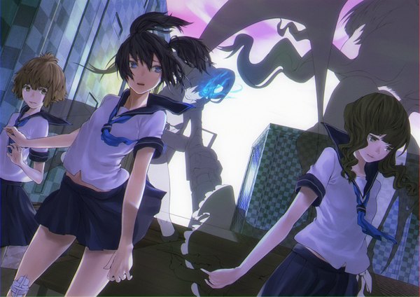 Anime picture 3507x2480 with black rock shooter black rock shooter (character) dead master kuroi mato takanashi yomi yuu (black rock shooter) ini (artist) long hair highres short hair blue eyes black hair brown hair twintails multiple girls brown eyes absurdres glowing glowing eye (eyes) arm cannon