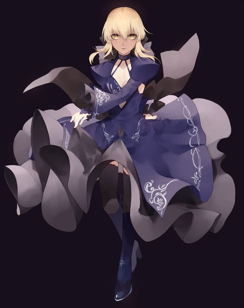 Anime picture 1979x2500 with fate (series) fate/grand order artoria pendragon (all) saber alter ichinose rei single tall image looking at viewer fringe highres short hair blonde hair simple background hair between eyes yellow eyes payot cleavage full body black background girl