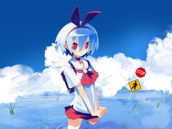 Anime picture 1280x960 with disgaea pleinair blue hair girl uniform ribbon (ribbons) school uniform choker water school bag skull traffic sign