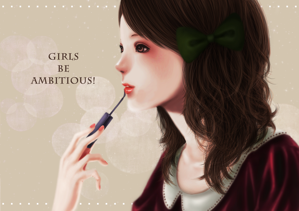 Anime picture 1985x1404 with original monqkq single highres short hair simple background brown hair brown eyes nail polish profile lips realistic inscription lipstick face eyeshadow brown background girl bow hair bow