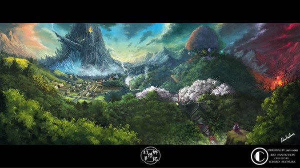 Anime picture 1920x1080 with touhou hakurei reimu ichiro matsura single long hair highres brown hair wide image sky cloud (clouds) cherry blossoms smoke mountain landscape nature village girl bow plant (plants) hair bow