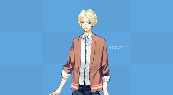 Anime picture 1282x706 with tsukiuta satsuki aoi tagme (artist) single short hair blue eyes simple background blonde hair smile wide image parted lips official art checkered twisty sleeves boy shirt white shirt cape jeans blue jeans