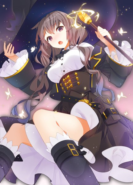 Anime picture 900x1248 with original ronopu single long hair tall image looking at viewer fringe breasts open mouth brown hair holding purple hair long sleeves wide sleeves from below magic glowing looking down wavy hair underbust