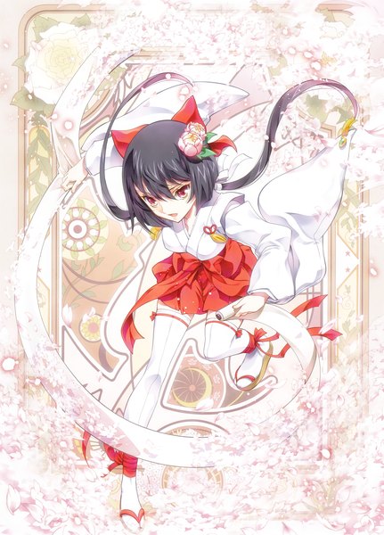 Anime picture 2205x3071 with original eshi 100-nin ten kaishaku single long hair tall image highres black hair red eyes twintails traditional clothes cherry blossoms miko girl thighhighs hair ornament bow hair bow petals white thighhighs