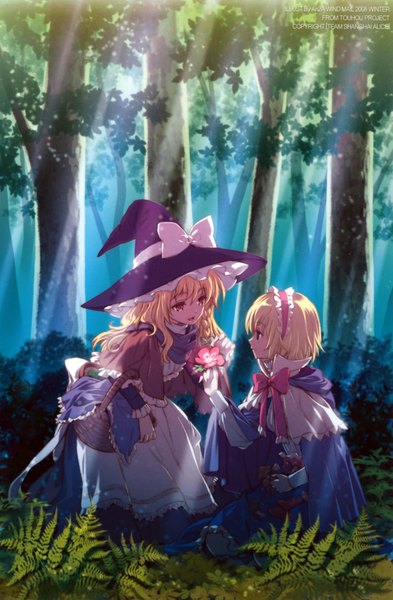 Anime picture 2986x4560 with touhou kirisame marisa alice margatroid an2a tall image highres short hair open mouth blue eyes blonde hair red eyes sitting multiple girls profile scan single braid girl flower (flowers) bow 2 girls