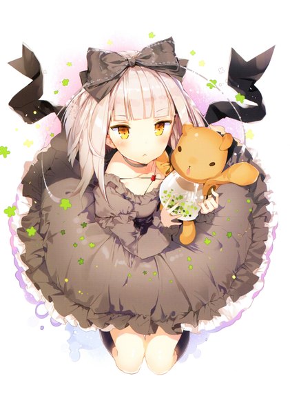Anime picture 4860x6928 with fantasista doll akari (fantasista doll) anmi long hair tall image looking at viewer blush highres white background yellow eyes absurdres white hair scan loli girl dress bow hair bow socks black socks