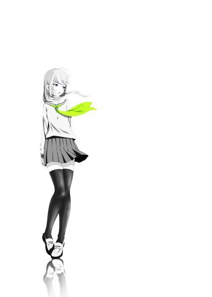 Anime picture 1000x1400 with original y-k single tall image fringe open mouth simple background standing white background looking away pleated skirt zettai ryouiki legs reflection hands behind back girl thighhighs skirt uniform black thighhighs