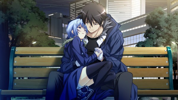 Anime picture 1280x720 with baldr (series) baldr sky zero giga franziska goodman tsunashima shirou short hair black hair wide image purple eyes blue hair game cg couple girl thighhighs boy black thighhighs cloak bench