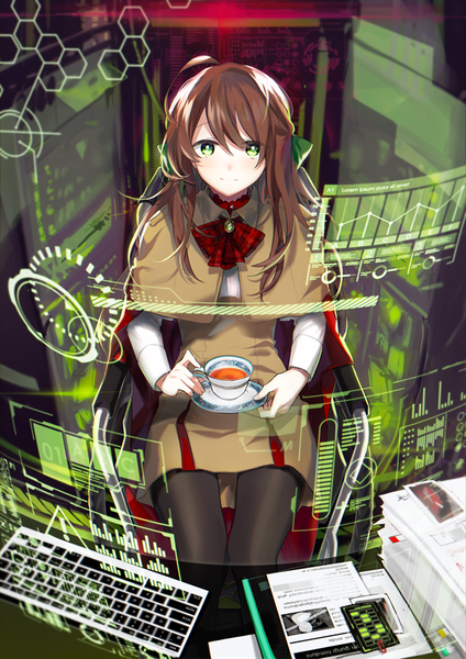 Anime picture 620x877 with original 249 single long hair tall image looking at viewer blush fringe smile brown hair sitting green eyes ahoge bent knee (knees) from above girl bow ribbon (ribbons) hair ribbon cape
