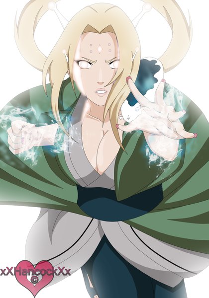 Anime picture 1623x2319 with naruto studio pierrot naruto (series) tsunade long hair tall image looking at viewer simple background blonde hair white background nail polish traditional clothes inscription teeth lipstick white eyes hokage no pupils girl