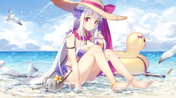 Anime picture 2666x1500 with azur lane cygnet (azur lane) cygnet (sea star on shore) (azur lane) maya g single long hair looking at viewer blush highres breasts light erotic wide image sitting sky cleavage silver hair cloud (clouds) very long hair pink eyes barefoot