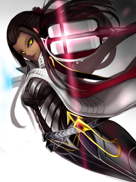 Anime picture 1200x1600 with league of legends lucian (league of legends) kumiko shiba single long hair tall image looking at viewer black hair simple background yellow eyes dark skin genderswap girl weapon belt gun