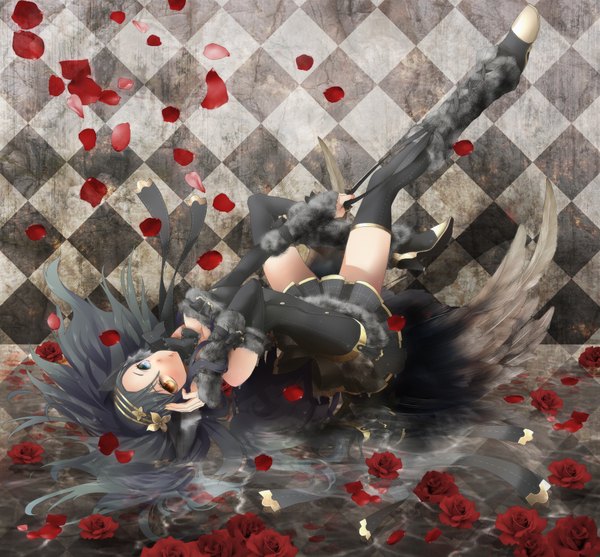 Anime picture 1800x1673 with original plastick single long hair highres black hair bare shoulders lying very long hair from behind legs heterochromia reflection checkered background thighhighs gloves flower (flowers) black thighhighs petals elbow gloves