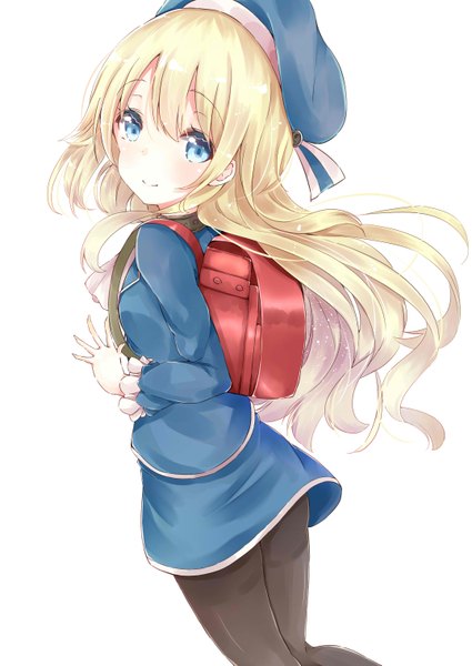 Anime picture 2149x3035 with kantai collection atago heavy cruiser hiiragi yashiro single long hair tall image looking at viewer blush fringe highres blue eyes simple background blonde hair smile standing white background alternate age girl uniform pantyhose