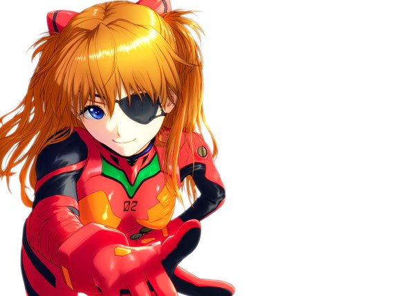 Anime picture 1400x1000 with neon genesis evangelion gainax soryu asuka langley fringe blue eyes simple background smile white background light smile orange hair wallpaper hand on hip pointing girl eyepatch pilot suit