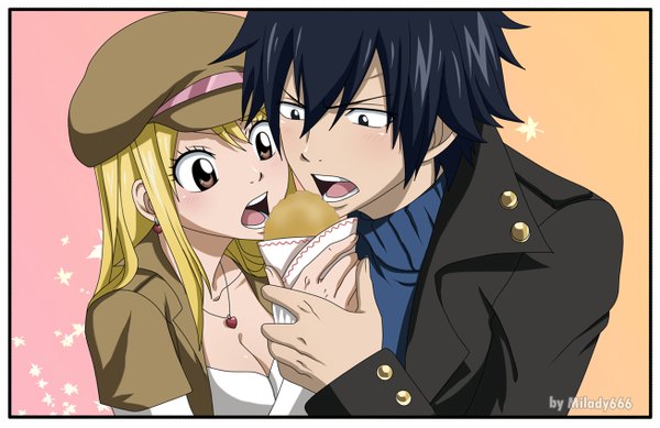 Anime picture 1308x850 with fairy tail lucy heartfilia gray fullbuster milady666 long hair short hair open mouth black hair blonde hair brown eyes black eyes framed girl boy earrings food pendant sweater flat cap