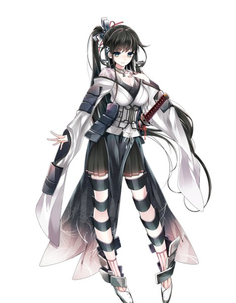 Anime picture 960x1230 with shirohime quest odawara yuzuru manyako (mohumohu) single long hair tall image fringe breasts black hair simple background smile large breasts standing white background ponytail long sleeves pleated skirt wide sleeves grey eyes alternate costume