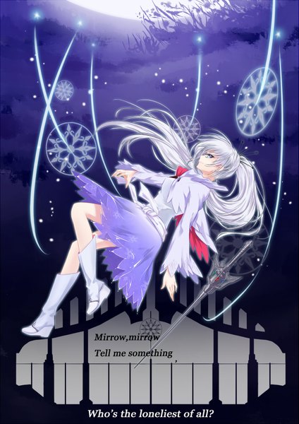 Anime picture 1131x1600 with rwby rooster teeth weiss schnee heiqi (sharpface) single long hair tall image blue eyes white hair ponytail profile girl dress weapon sword boots