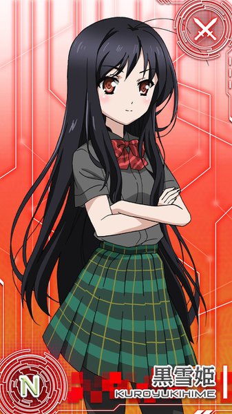 Anime picture 720x1280 with accel world sunrise (studio) kuroyukihime single tall image looking at viewer blush fringe black hair hair between eyes standing brown eyes payot upper body ahoge pleated skirt light smile inscription official art short sleeves