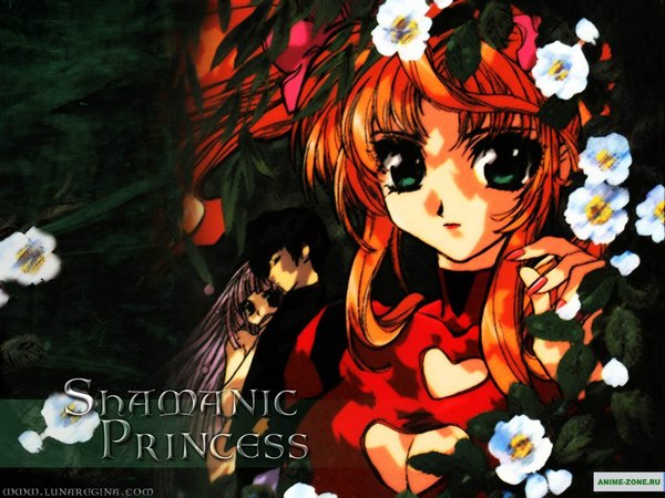 Anime picture 1024x768 with shamanic princess black hair green eyes purple hair red hair very long hair couple girl dress boy flower (flowers) leaf (leaves) red dress
