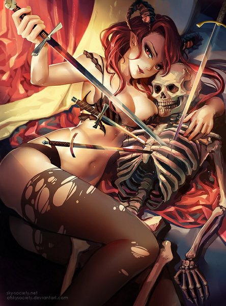 Anime picture 667x900 with original ofskysociety long hair tall image breasts light erotic smile red eyes bare shoulders bent knee (knees) lying horn (horns) bare belly hug skeleton girl thighhighs navel weapon black thighhighs