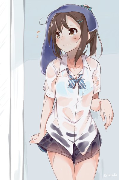 Anime picture 680x1024 with sasahara wakaba single long hair tall image blush fringe light erotic brown hair brown eyes looking away ahoge embarrassed wet clothes against wall girl uniform hair ornament school uniform lingerie bra