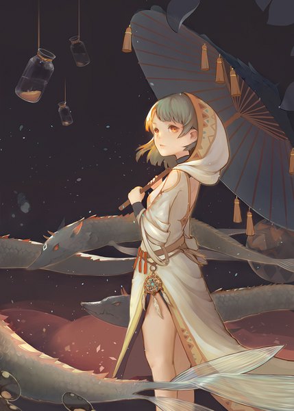 Anime picture 732x1024 with original echosdoodle single tall image looking at viewer fringe short hair standing holding grey hair bare legs orange eyes turning head side slit fantasy girl hood umbrella dragon oriental umbrella