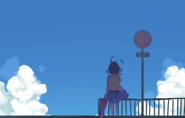 Anime picture 2500x1600 with original nora (kukumaka23) highres short hair brown hair standing holding sky cloud (clouds) pleated skirt wind from behind back closed umbrella skirt socks serafuku umbrella traffic sign