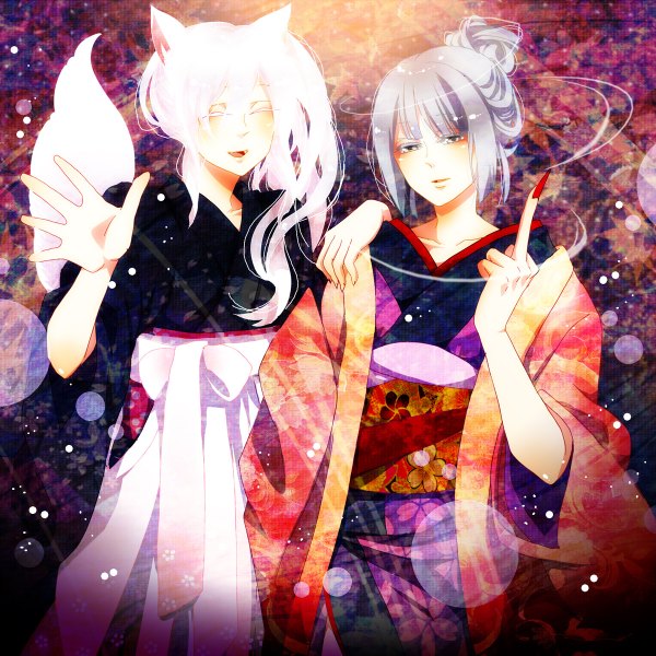 Anime picture 1200x1200 with original deco (geigeki honey) long hair blush multiple girls animal ears purple hair white hair tail eyes closed nail polish japanese clothes animal tail fingernails teeth grey eyes fang (fangs) long fingernails white eyes girl