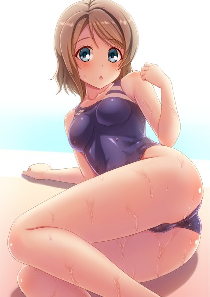 Anime picture 849x1200 with love live! sunshine!! sunrise (studio) love live! watanabe you shimashima salmon single tall image looking at viewer blush fringe short hair breasts open mouth blue eyes light erotic simple background brown hair bent knee (knees) ass arm support