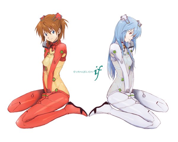 Anime picture 1280x1024 with neon genesis evangelion gainax soryu asuka langley ayanami rei ebba long hair fringe short hair breasts blue eyes simple background red eyes brown hair white background sitting multiple girls blue hair head tilt light smile lips