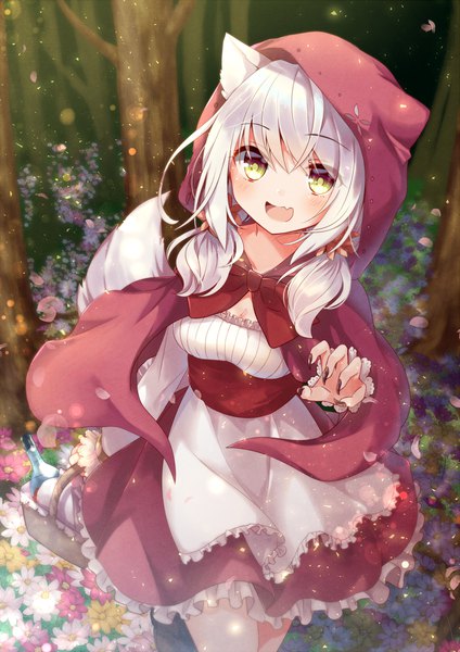Anime picture 707x1000 with original emilion single tall image looking at viewer blush fringe open mouth smile hair between eyes twintails holding animal ears yellow eyes payot white hair tail animal tail sparkle low twintails