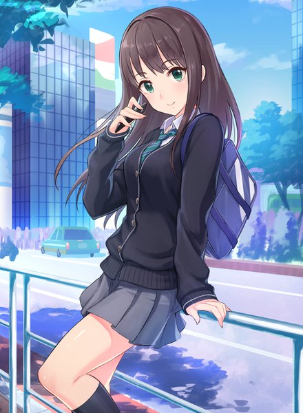 Anime picture 1000x1364 with idolmaster idolmaster cinderella girls shibuya rin tamakaga single long hair tall image looking at viewer blush fringe breasts smile brown hair holding green eyes sky cloud (clouds) outdoors long sleeves pleated skirt