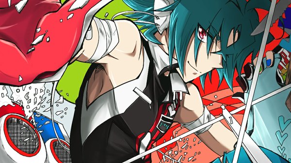 Anime picture 1024x576 with renai yuusha pochihito (artist) single looking at viewer short hair red eyes wide image nail polish profile light smile aqua hair sleeveless boy heart headphones fingerless gloves bandage (bandages) bandaid guitar speakers