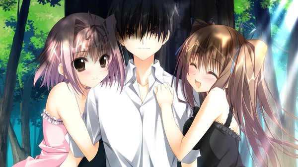 Anime picture 1280x720 with kotoba no kieta hi mizukashi aoi motoyon long hair blush short hair open mouth black hair brown hair wide image bare shoulders multiple girls brown eyes pink hair game cg eyes closed girl dress boy 2 girls