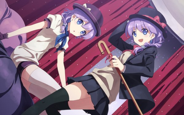 Anime picture 1920x1200 with dj max ladymade star seha klatt nina klatt yuuki tatsuya looking at viewer blush highres short hair open mouth blue eyes wide image multiple girls purple hair girl thighhighs skirt bow black thighhighs 2 girls