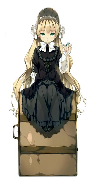 Anime picture 1413x2749 with gosick studio bones victorique de blois kantoku single tall image looking at viewer fringe blonde hair simple background hair between eyes white background sitting holding green eyes payot full body very long hair loli lacing