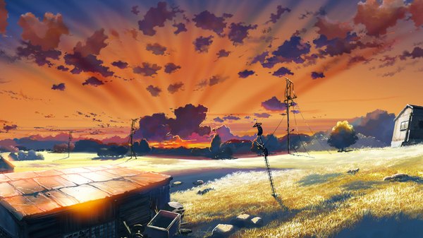 Anime picture 1920x1080 with kumo no mukou yakusoku no basho highres wide image sky cloud (clouds) evening sunset horizon plant (plants) tree (trees) window grass wire (wires) house