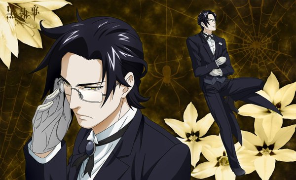 Anime picture 1600x975 with kuroshitsuji a-1 pictures claude faustus looking at viewer short hair black hair wide image yellow eyes dual persona butler boy gloves flower (flowers) glasses suit spider web