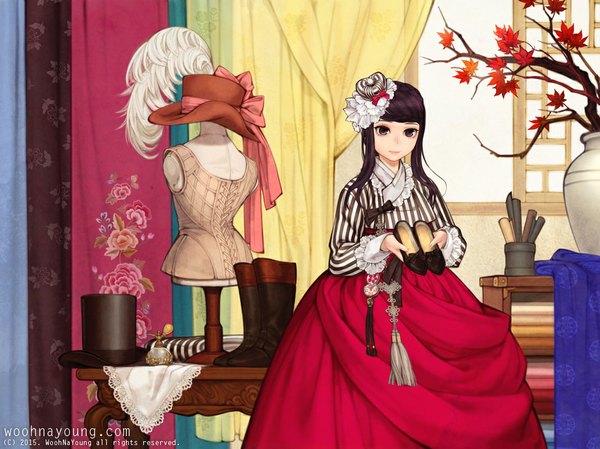 Anime picture 1067x800 with original obsidian single long hair looking at viewer fringe brown hair holding indoors traditional clothes grey eyes floral print korean clothes girl skirt flower (flowers) hat window rose (roses) leaf (leaves)