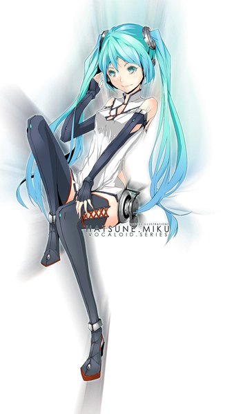 Anime picture 1263x2151 with vocaloid hatsune miku firecel single long hair tall image looking at viewer simple background white background sitting twintails bare shoulders aqua eyes light smile aqua hair lacing girl thighhighs gloves black thighhighs