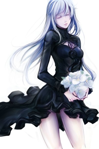 Anime picture 1600x2400 with original early type single long hair tall image blush open mouth absurdres cleavage silver hair eyes closed lips cleavage cutout girl dress flower (flowers) black dress bouquet