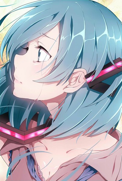 Anime picture 800x1184 with vocaloid hatsune miku fuu (07199382) single tall image blush fringe short hair blue eyes blue hair tears alternate hairstyle face crying sad alternate hair length hairdressing cutting hair girl hair ornament