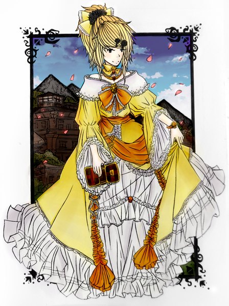 Anime picture 2968x3976 with vocaloid kagamine len single long hair tall image highres blue eyes sky otoko no ko village dress boy bow hair bow petals book (books) jewelry black rose