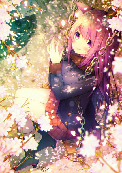 Anime picture 700x992 with original azu torako single long hair tall image looking at viewer blush fringe breasts smile hair between eyes sitting purple eyes signed animal ears pink hair outdoors tail long sleeves animal tail